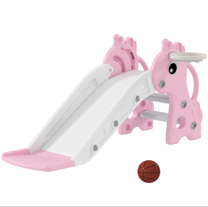 3 in 1 Kinderrutsche Rosa Giraffe mit Basketballkorb & Kletterteil