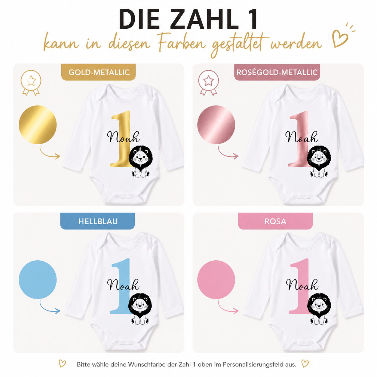 Personalisierter Geburtstagsbody mit Name – 1. Geburtstag Baby Body aus Bio-Baumwolle | Löwe, Giraffe, Elefant & weitere Motive