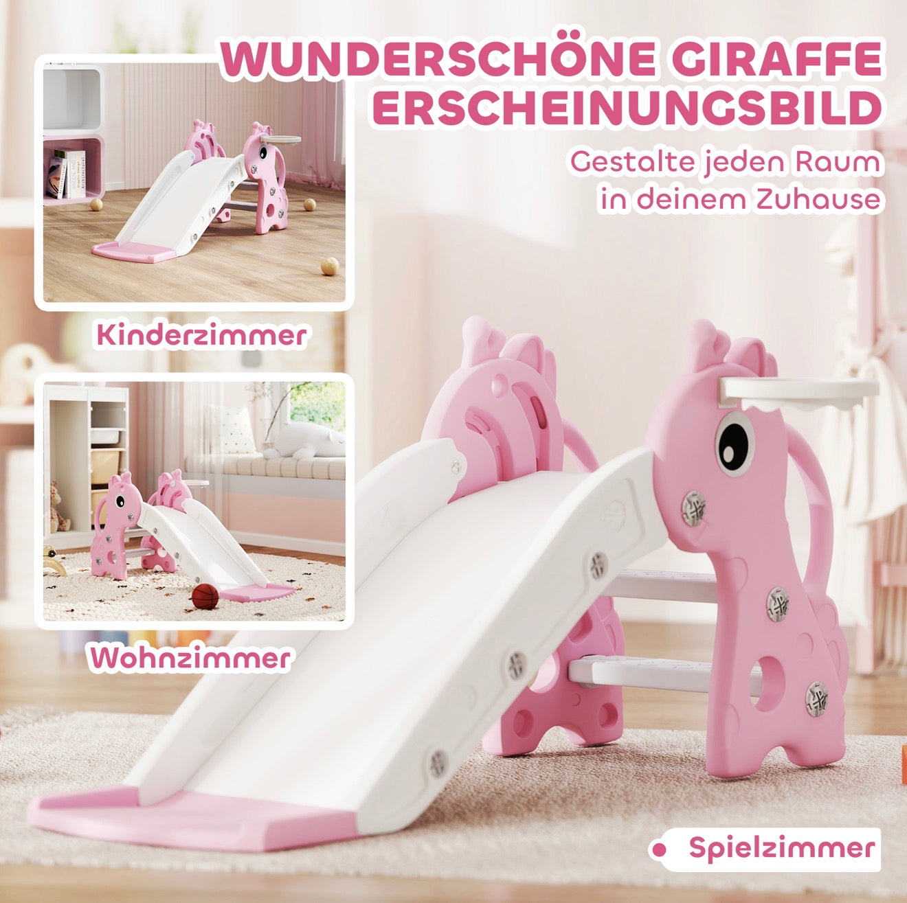 3 in 1 Kinderrutsche Rosa Giraffe mit Basketballkorb & Kletterteil