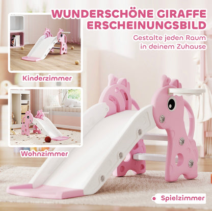 3 in 1 Kinderrutsche Rosa Giraffe mit Basketballkorb & Kletterteil