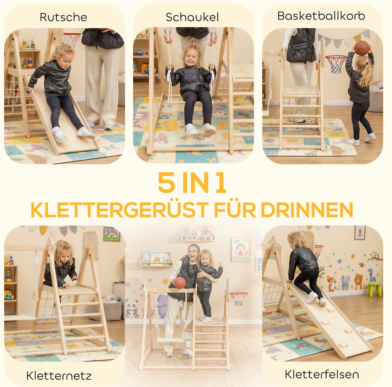 Montessori Klettergerüst aus Holz für Kinder im gemütlichen Spielzimmer