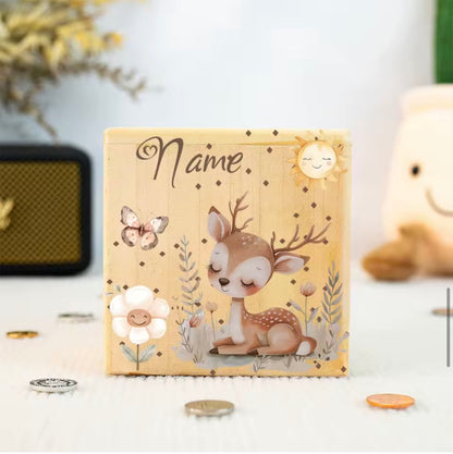 Personalisierte Holz-Spardose mit Name | Süße Tiermotive | Geschenk zur Geburt, Taufe & Geburtstag
