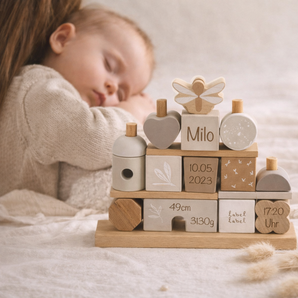 Stacking house with engraving of birth dates