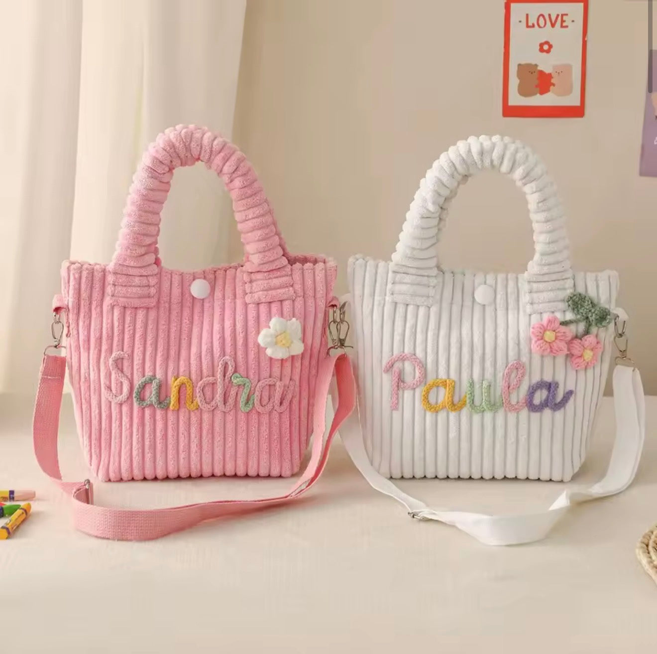 Personalisierte Cordtasche für Kinder mit Namen – Bestickte Umhängetasche & Handtasche in verschiedenen Farben