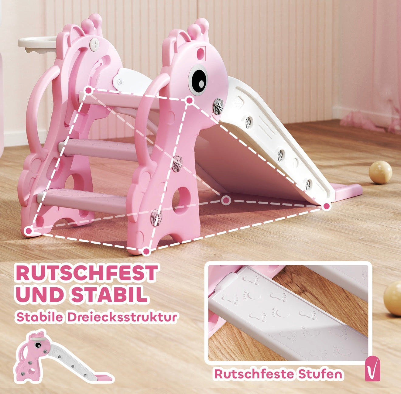 3 in 1 Kinderrutsche Rosa Giraffe mit Basketballkorb & Kletterteil