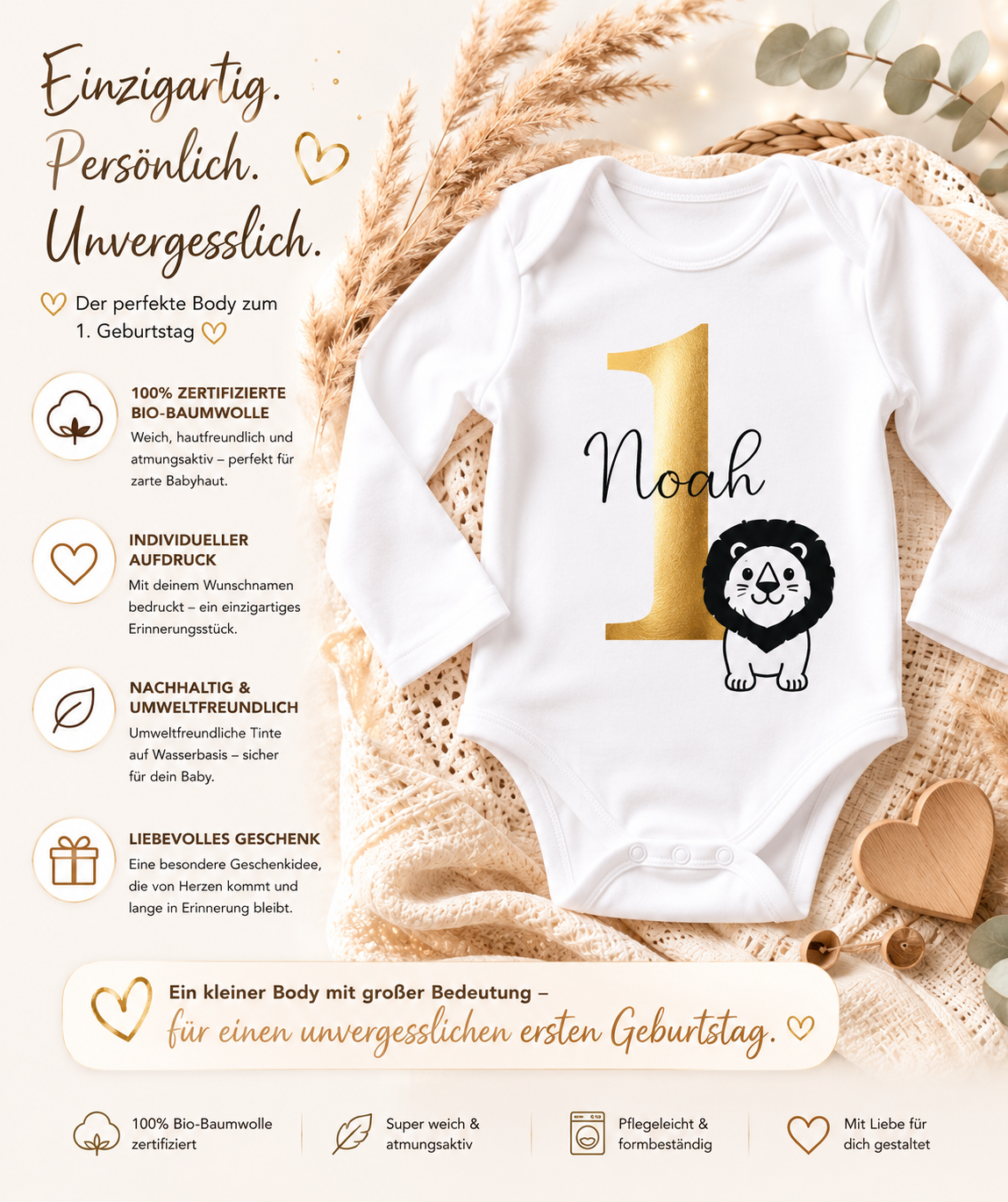 Personalisierter Geburtstagsbody mit Name – 1. Geburtstag Baby Body aus Bio-Baumwolle | Löwe, Giraffe, Elefant & weitere Motive