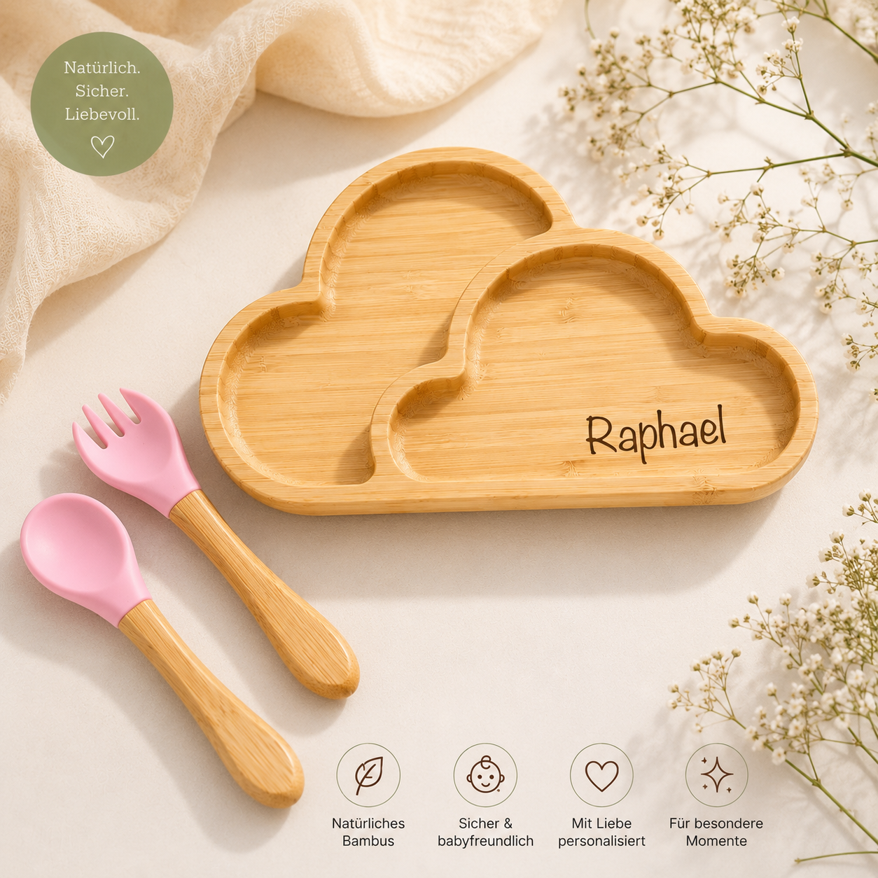 Bambusteller mit Namen im Wolken-Design | EinzigartigLiebe