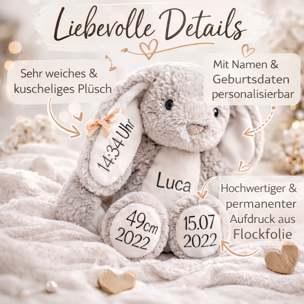 Kuscheltier Hase Personalisiert mit Namen und Geburtsdaten / Ostergeschenk