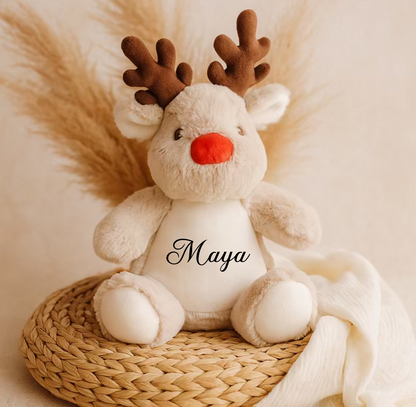 Kuscheltier Rentier personalisiert mit Name und Datum / Weihnachtsgeschenk