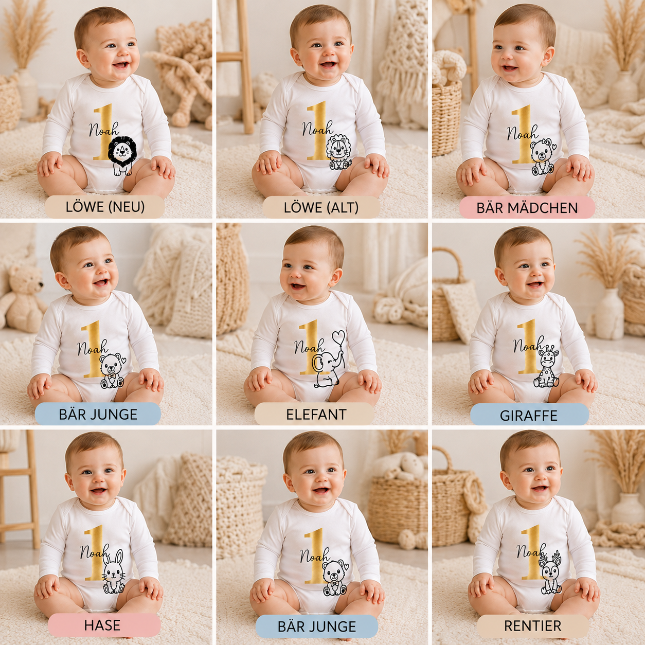Personalisierter Geburtstagsbody mit Name – 1. Geburtstag Baby Body aus Bio-Baumwolle | Löwe, Giraffe, Elefant & weitere Motive
