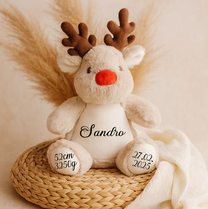 Kuscheltier Rentier personalisiert mit Name und Datum / Weihnachtsgeschenk