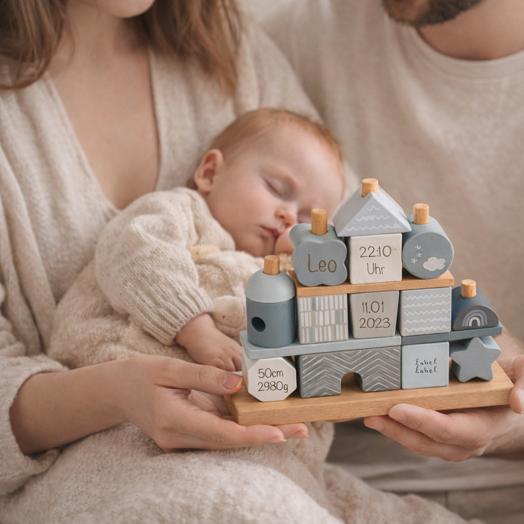 Stacking house with engraving of birth dates