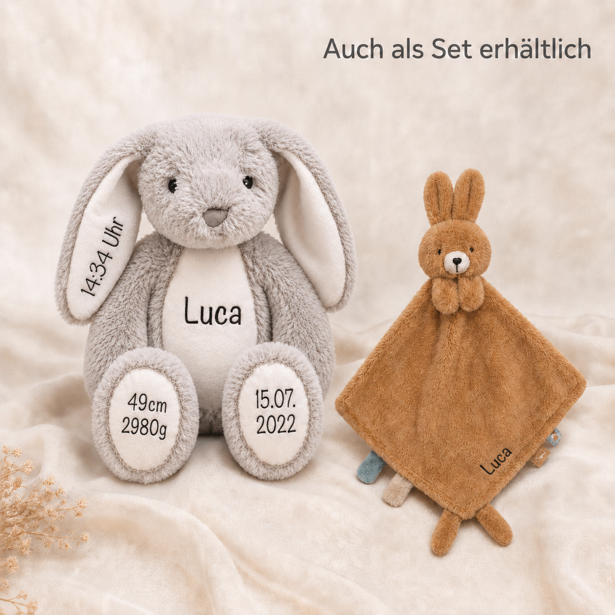 Kuschelhase mit Namen und Geburtsdaten als persönliches Babygeschenk
