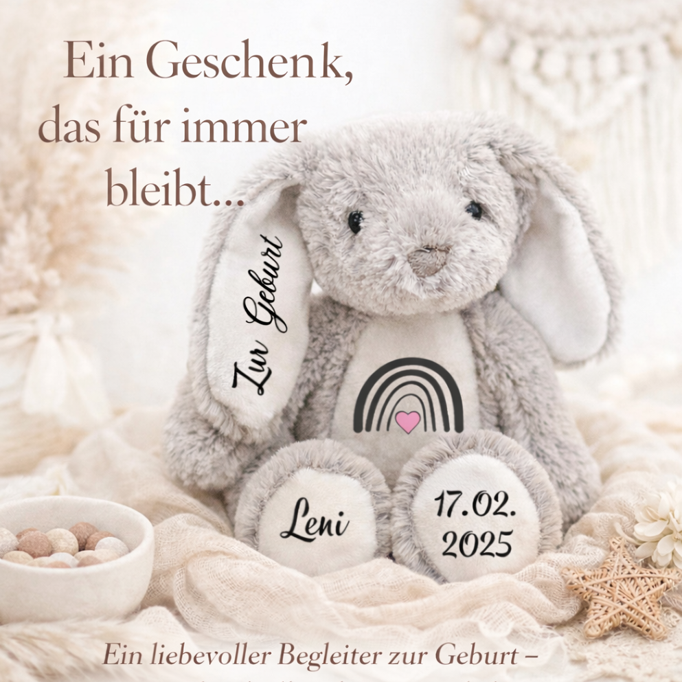 Personalisiertes Geburtsgeschenk – Kuscheltier Hase mit Name, Geburtsdatum & Regenbogen-Herz