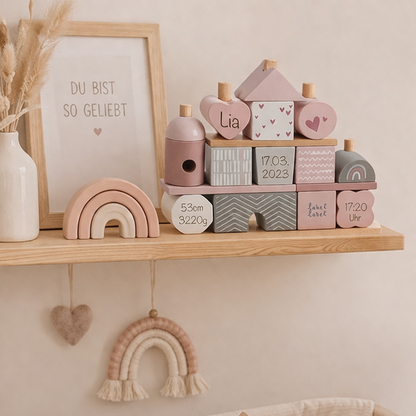 Stacking house with engraving of birth dates