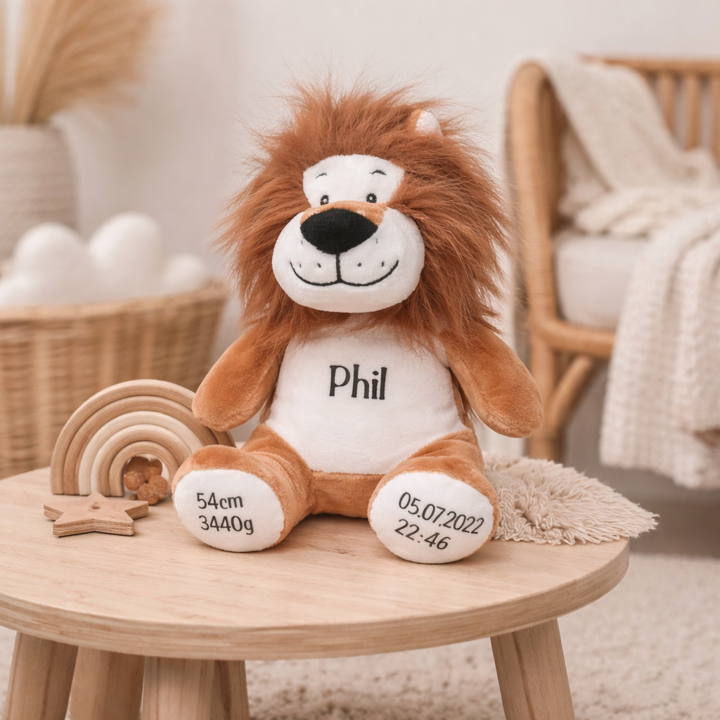 Cuddly toy lion personalized with name &amp; date of birth