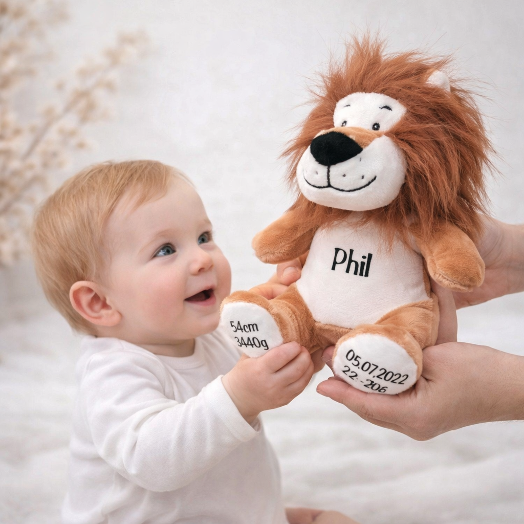 Cuddly toy lion personalized with name &amp; date of birth