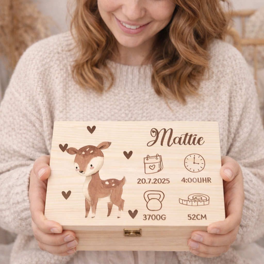 Personalisierte Erinnerungsbox zur Geburt aus Holz im Boho Stil mit Tiermotiv & Geburtsdaten