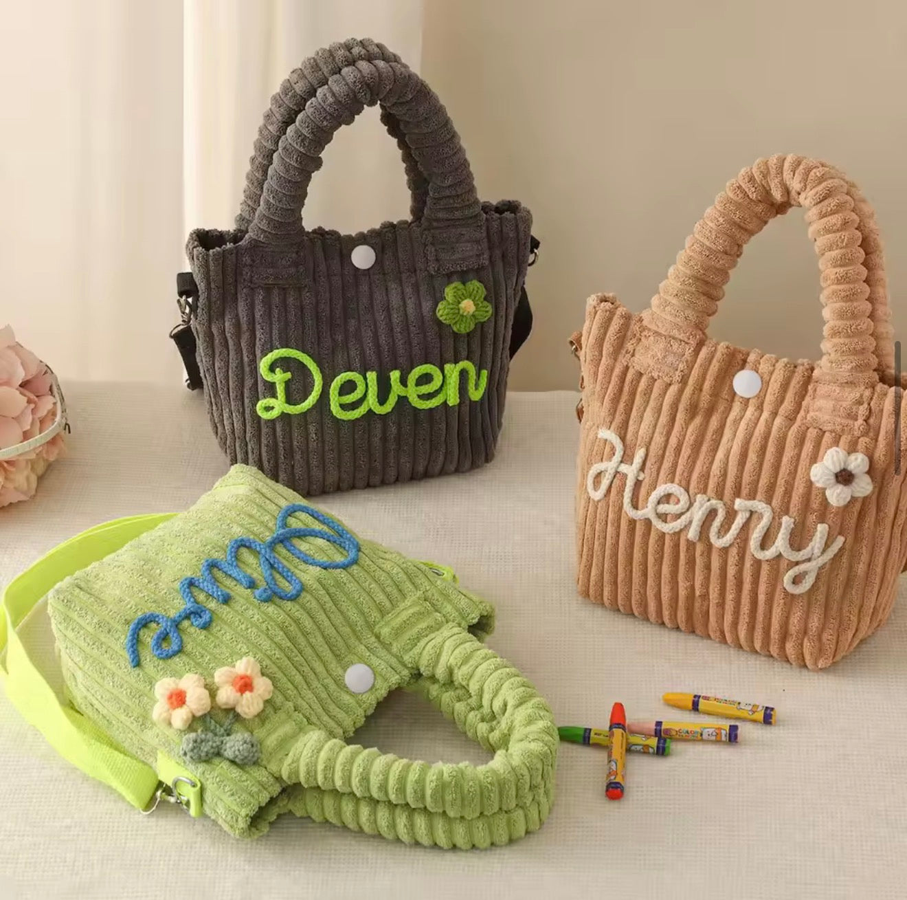 Personalisierte Cordtasche für Kinder mit Namen – Bestickte Umhängetasche & Handtasche in verschiedenen Farben