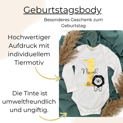 Baby bodysuit 1st birthday with animal motif + name