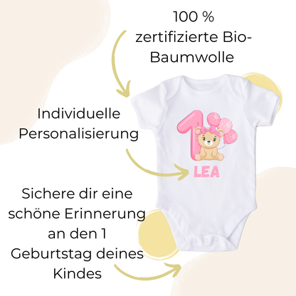 Personalisierter Baby Body Teddy Rosa 1 / erster Geburtstag Shirt