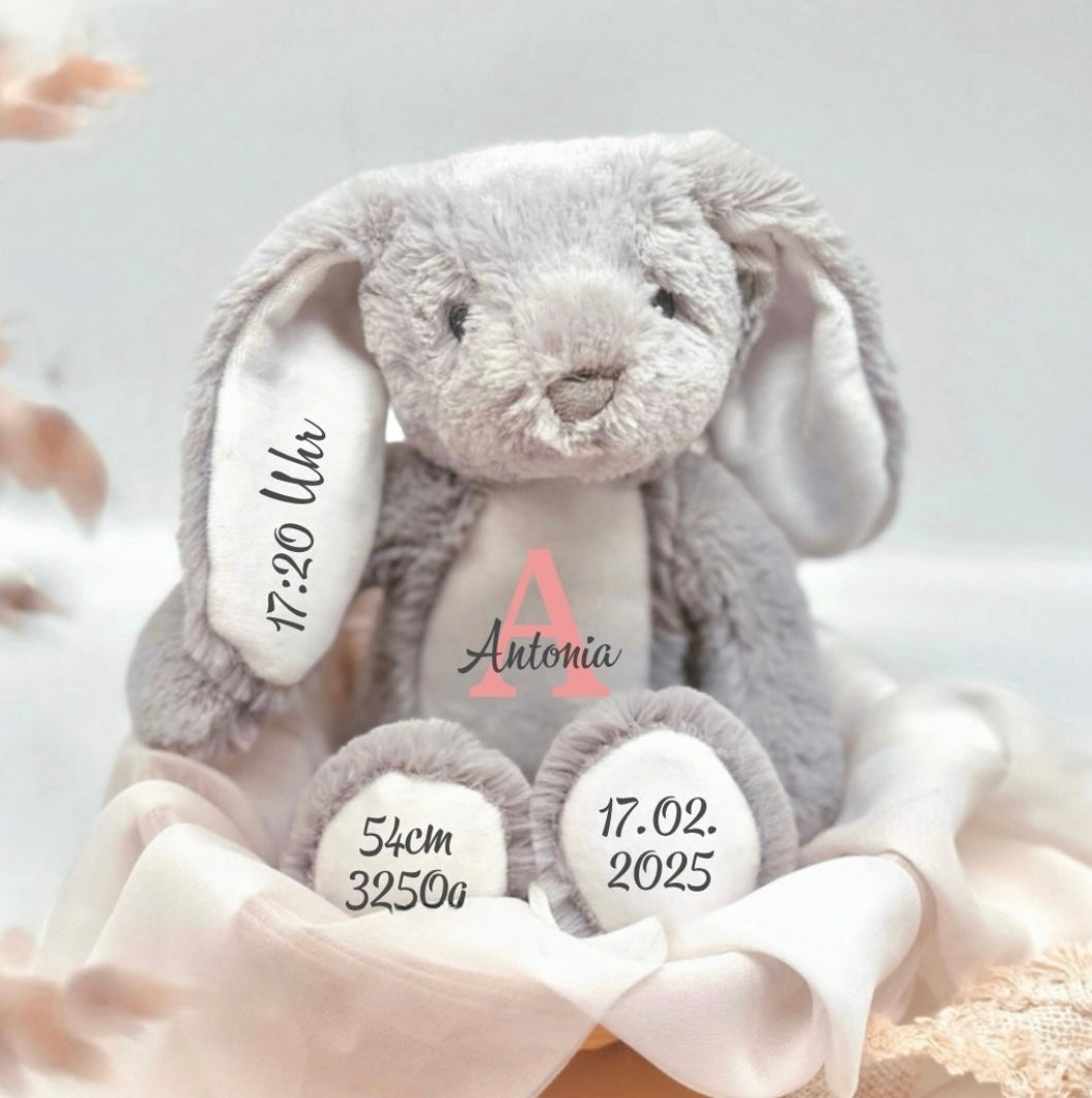 Kuscheltier Hase Personalisiert mit Namen und Geburtsdaten Rosa / Ostergeschenk