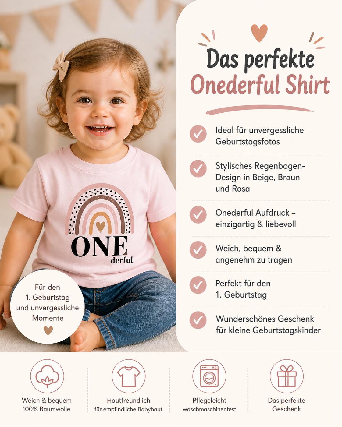 Personalisiertes Onederful Geburtstagsshirt zum 1. Geburtstag – Regenbogen Baby T-Shirt