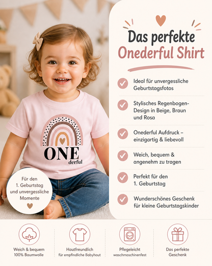 Personalisiertes Onederful Geburtstagsshirt zum 1. Geburtstag – Regenbogen Baby T-Shirt
