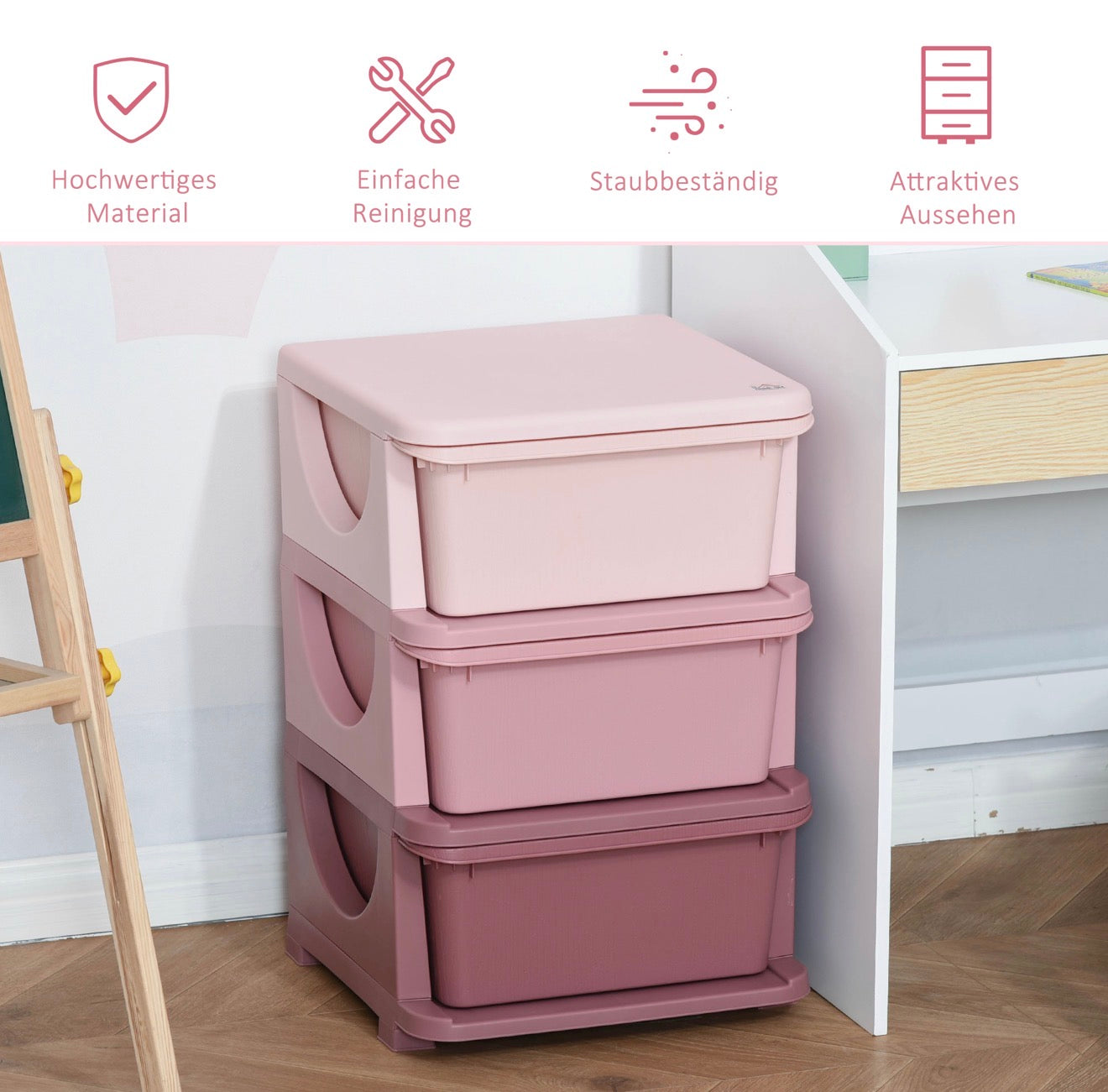 Aufbewahrungsboxen für Kinder, 3 Schubladen, abgerundete Kanten, erhöhtes Design, 37x37x56,5 cm, Rosa
