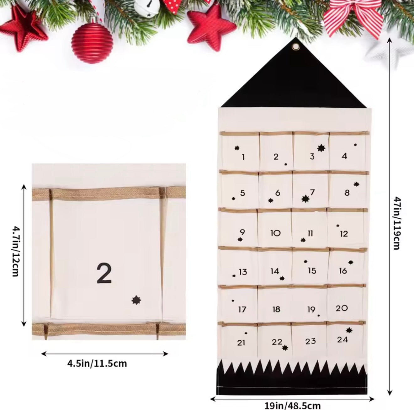 Adventskalender mit schwarzen Akzenten und Personalisierung 119cm x 48,5cm