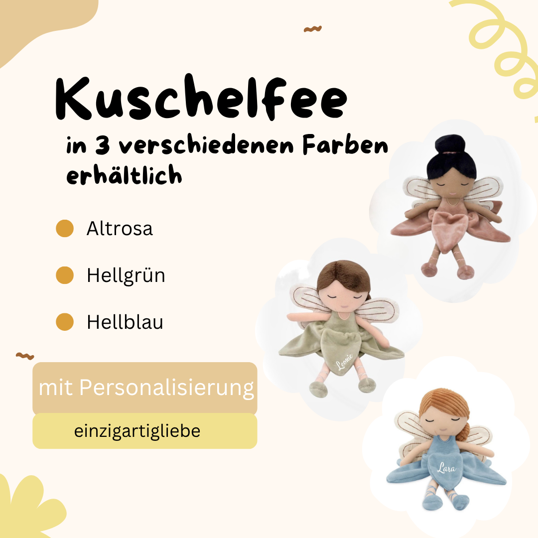 Altrosa Kuscheltier-Fee mit Namen – emotionales Geschenk in 3 Farben für kleine Mädchen