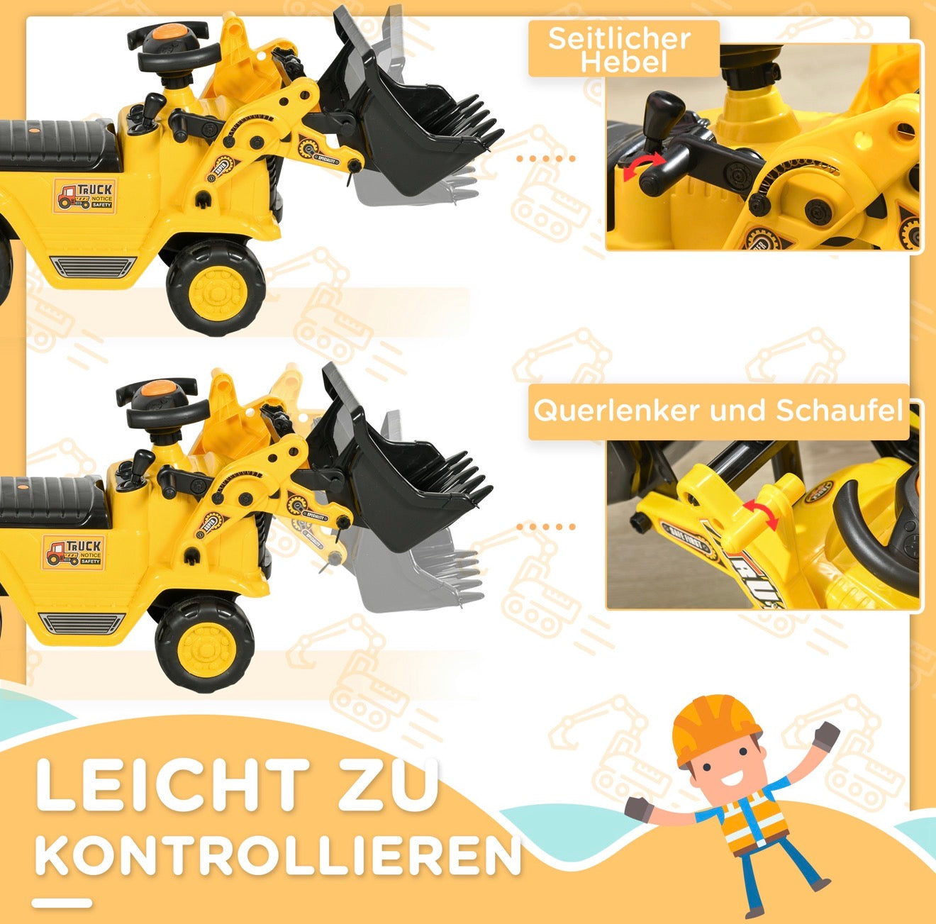 Aufsitzbagger für Kinder mit leicht bedienbaren Hebeln zur Steuerung der Frontschaufel für realistisches Baustellenspiel.