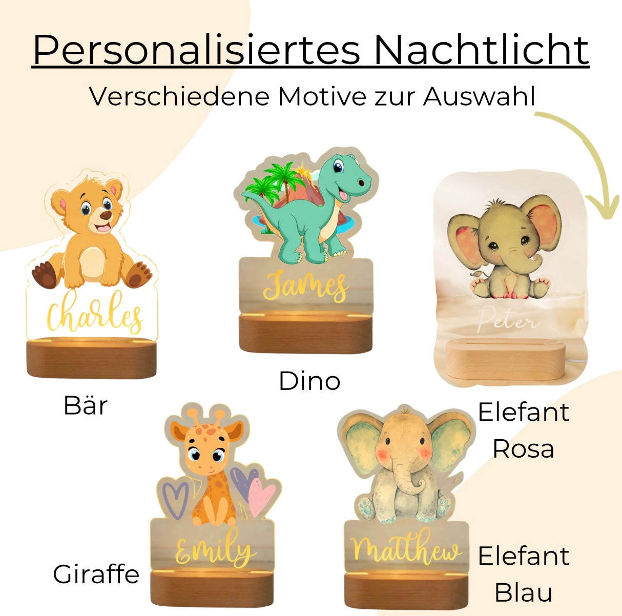 Personalized night light for children with cute animal motifs