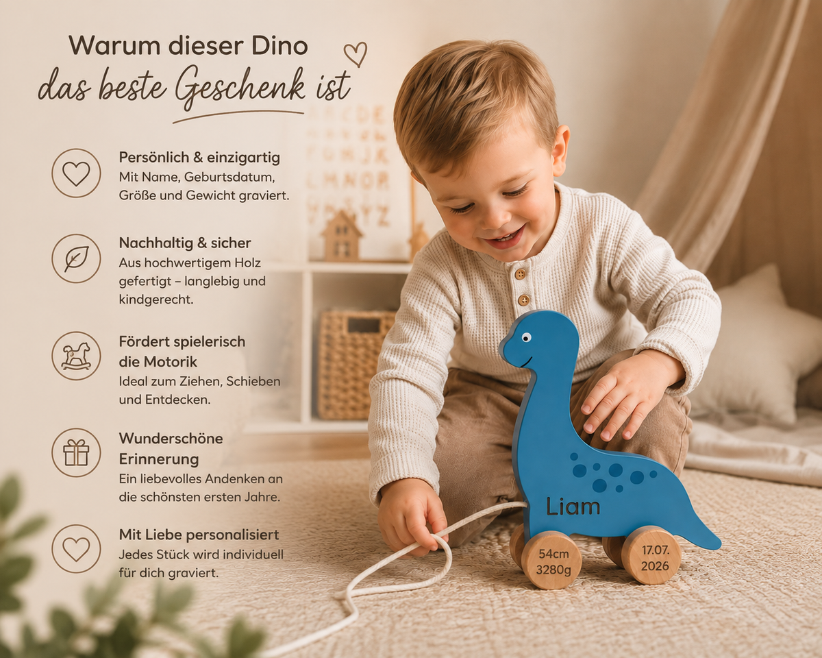 Personalisierter Holz Dino als Lauflernspielzeug für Kinder