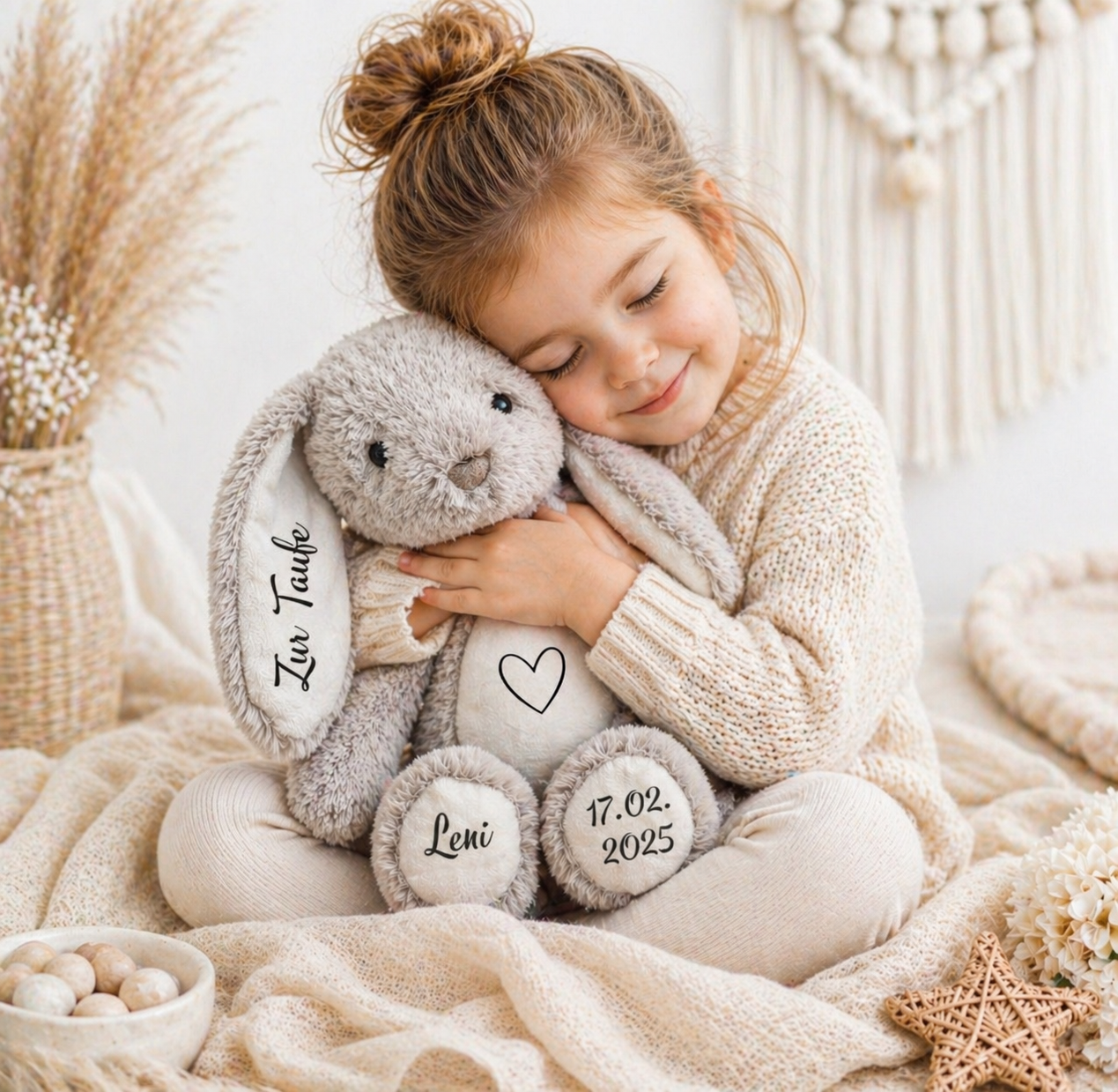 Personalisiertes Taufgeschenk – Kuscheltier Hase mit Name, Taufdatum & Herz