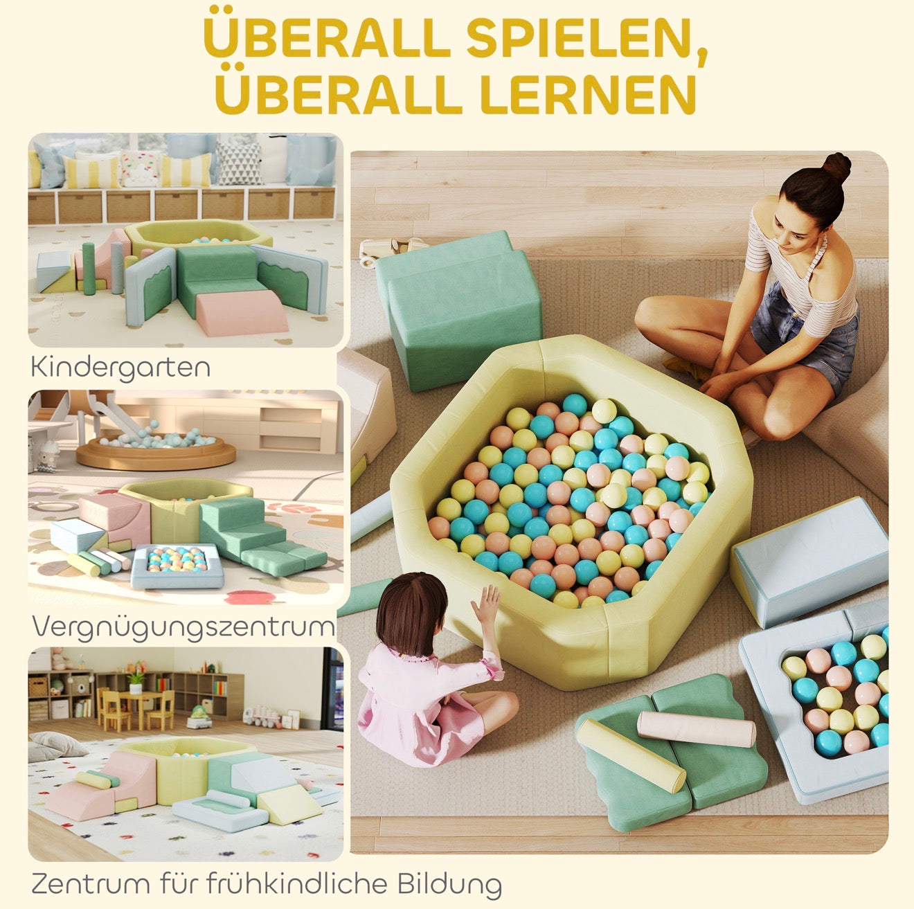 Bällebad Set für Kleinkinder mit Spielbausteinen in sanften Farben