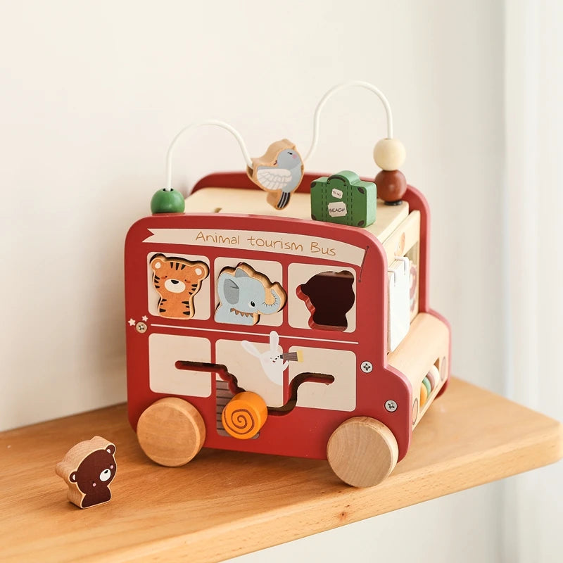 Baby Aktivitätswürfel Bus aus Holz – Lernspielzeug zur Förderung der Feinmotorik