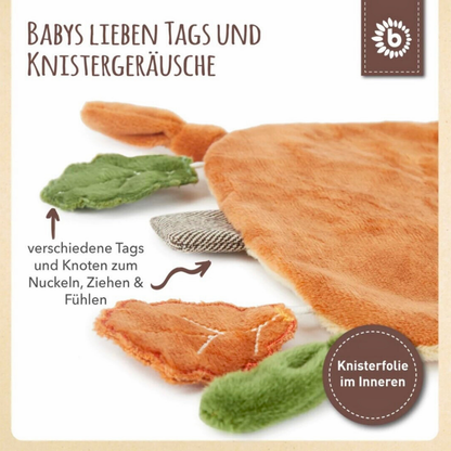 Baby Knistertuch in Herbstfarben mit Knoten zum Greifen, Fühlen und Spielen