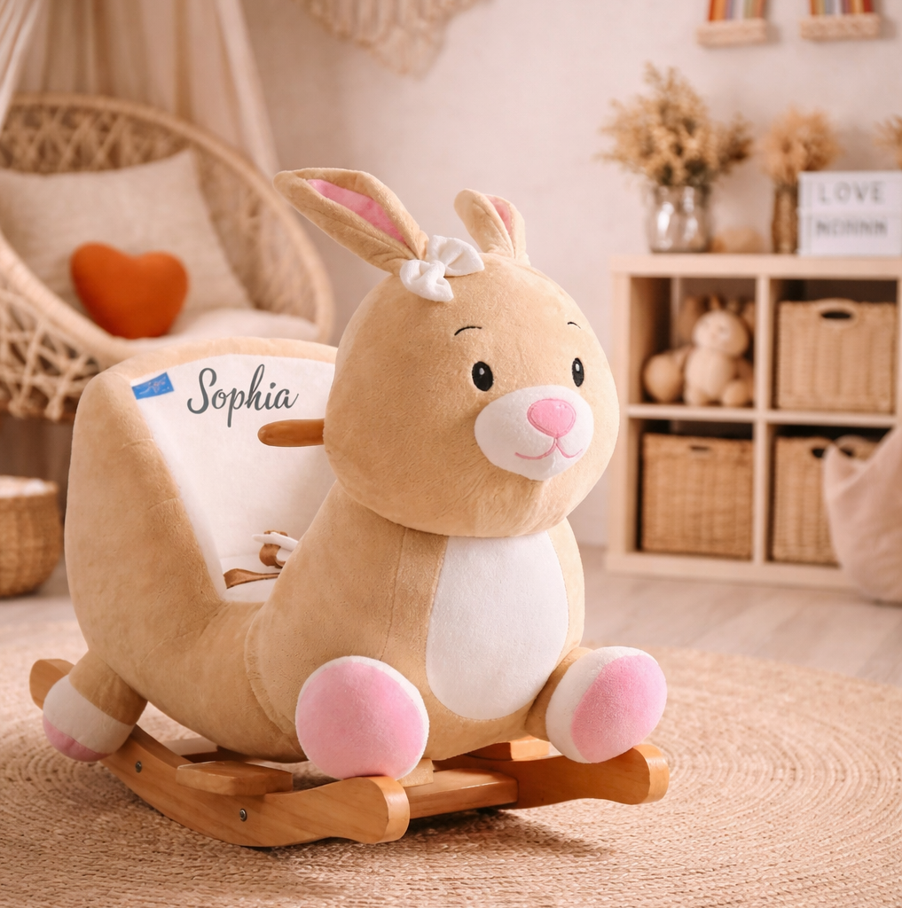 Baby Schaukelspielzeug Hase aus Plüsch mit individuellem Namensdruck 