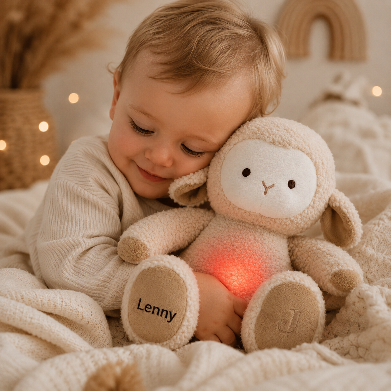     Baby kuschelt mit personalisiertem Kuscheltier Schaf mit leuchtendem Bauch.