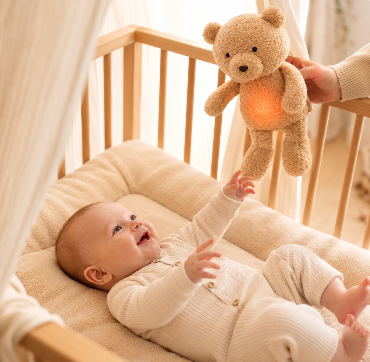     Baby kuschelt mit personalisiertem Kuscheltier mit leuchtendem Bauch.