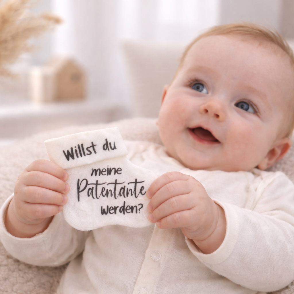 Bedruckte Babysocke Patentante fragen? Patenonkel fragen? Besondere Geschenke für Paten 