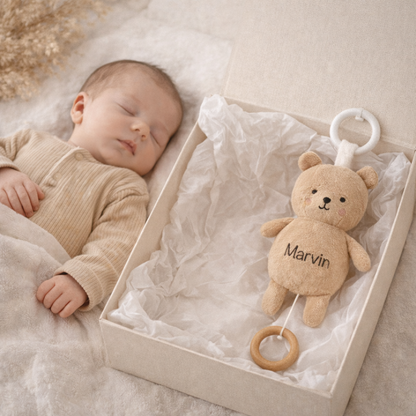 Neugeborenen Spieluhr mit Name in Geschenkbox Teddy für Mädchen und Jungen geeignet - persönliches Babygeschenk 