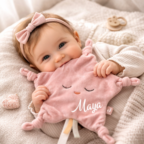 Personalisiertes Schmusetuch mit Name bedruckt- Rosa Mädchengeschenk zur Geburt - Nützliches Babygeschenk 