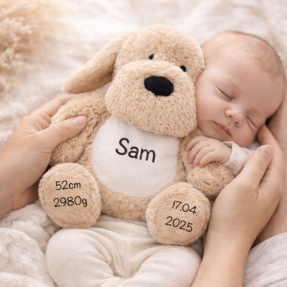 Babygeschenk mit Name und Geburtsdaten, Schmusetuch mit Name, Geschenk zur Geburt für Mädchen und Junge 