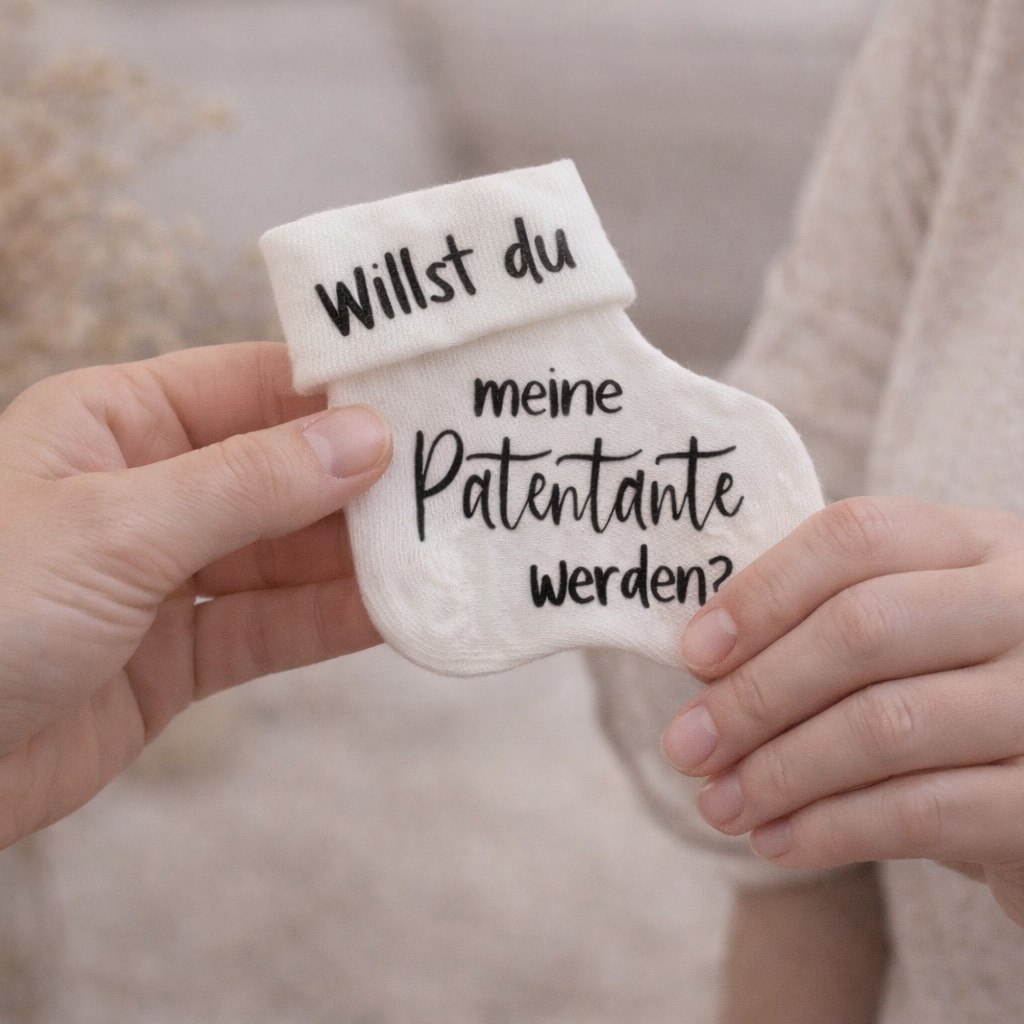 Geschenk für Patentante fragen? Babysocke mit Spruch in Geschenkbox 