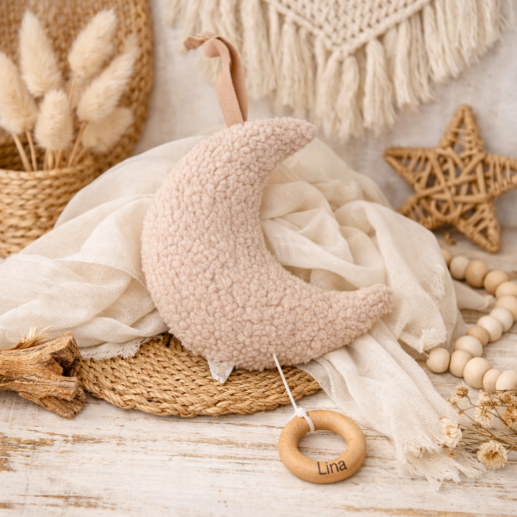 Babyspieluhr Mond personalisiert mit Namen, Boho Babyzimmer Dekoration und Einschlafhilfe

