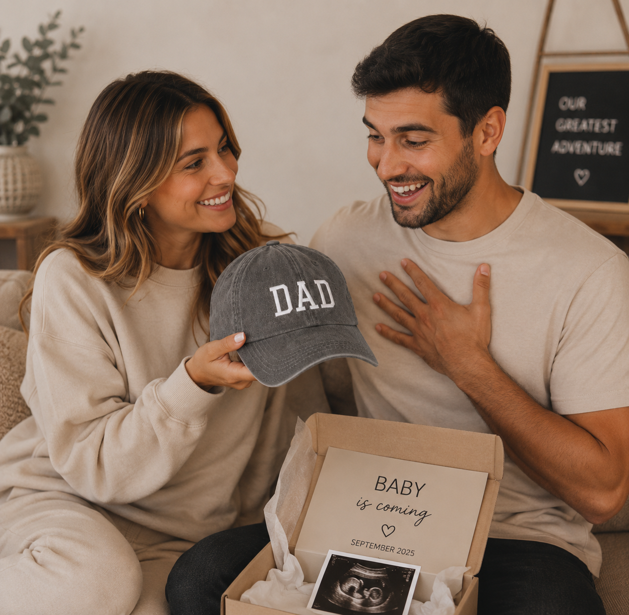 Verwaschen dunkelgraue Baseballcap mit weißem Schriftzug „DAD“ und Vintage‑Look als Schwangerschaftsverkündung 