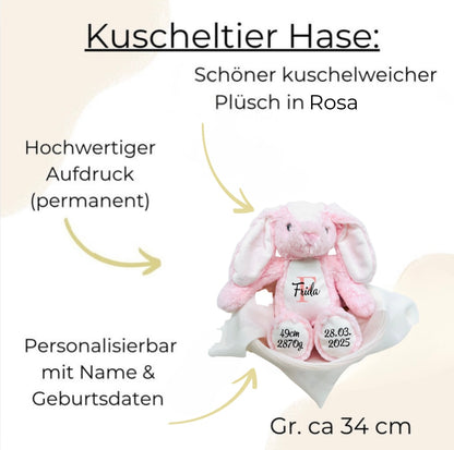 Beschreibung: Schöner kuschelweicher Plüsch in Rosa, Hochwertiger Aufdruck permanent, Personalisierbar mit Name und Geburtsdaten