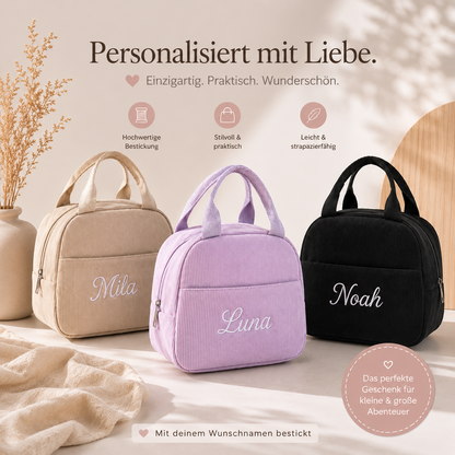 Bestickte Lunchbag für Kinder in Lila mit Namen Luna und isolierter Innenseite